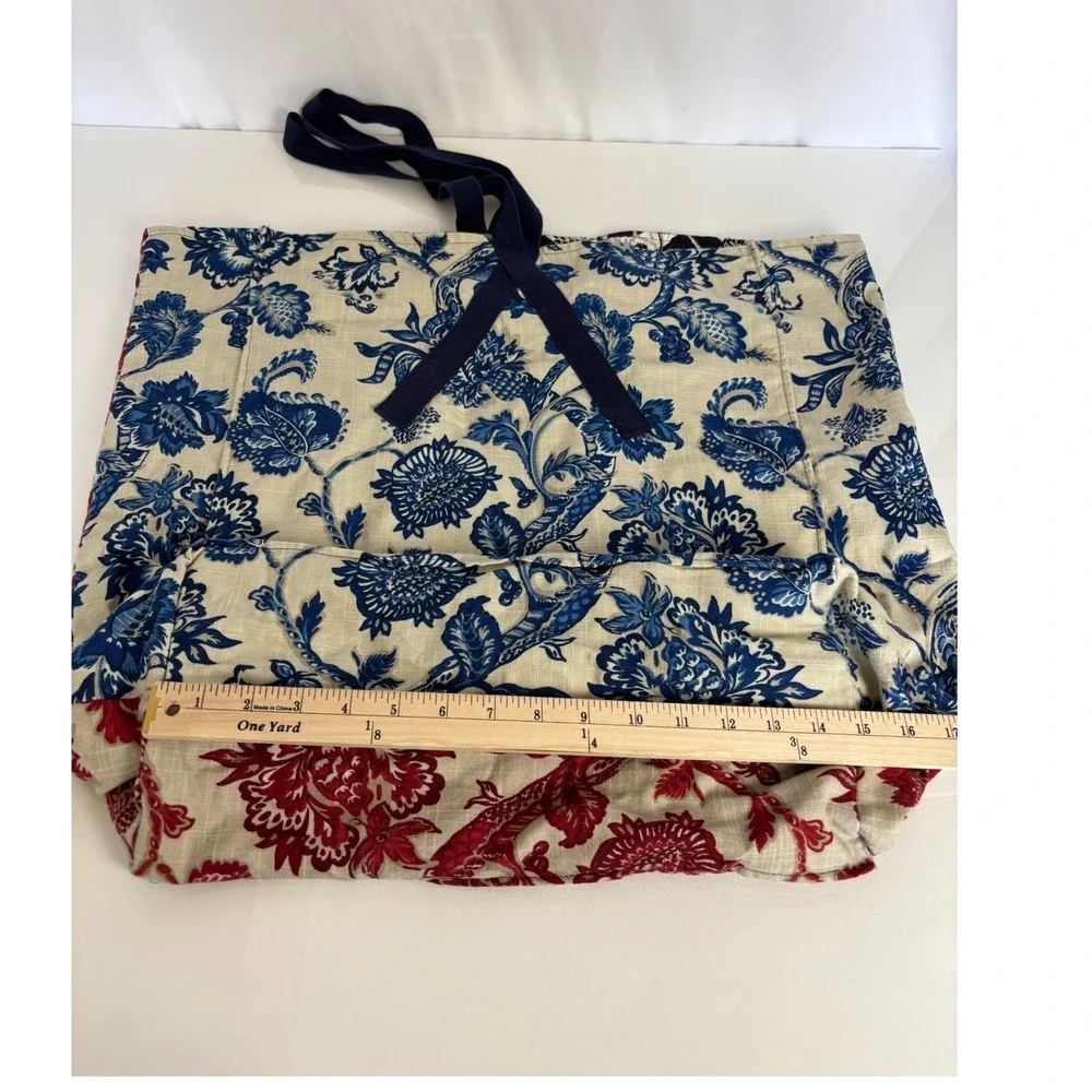 Floral Chintz Toile Canvas Tote Bag Blue Red White Reversible Large Handmade